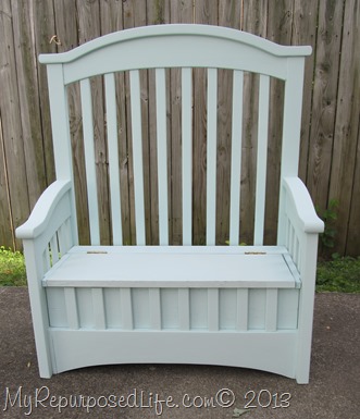repurposed crib toybox bench 